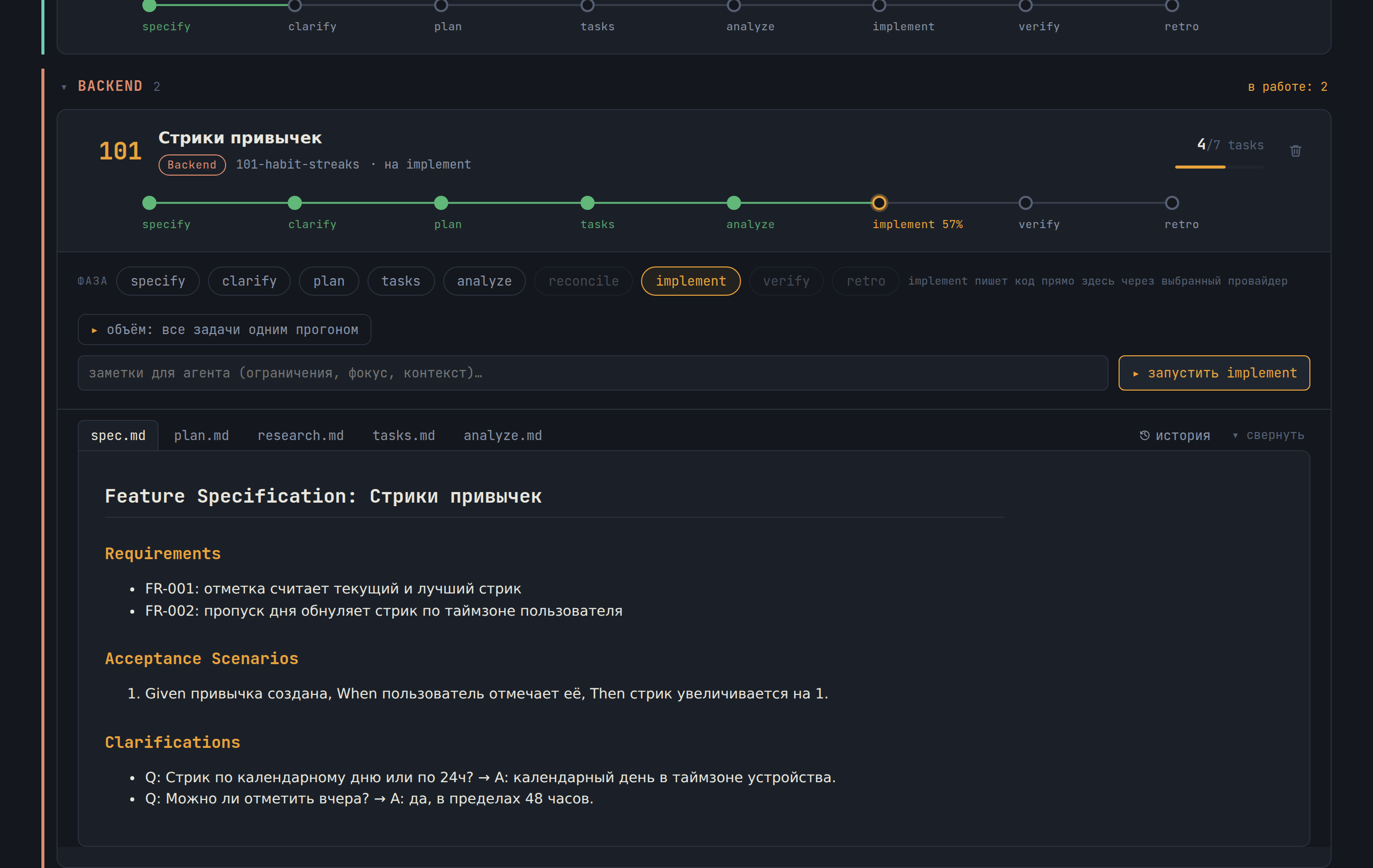 Раскрытая карточка фичи: фаза implement 57%, кнопка запуска, вкладки spec.md / plan.md / tasks.md
